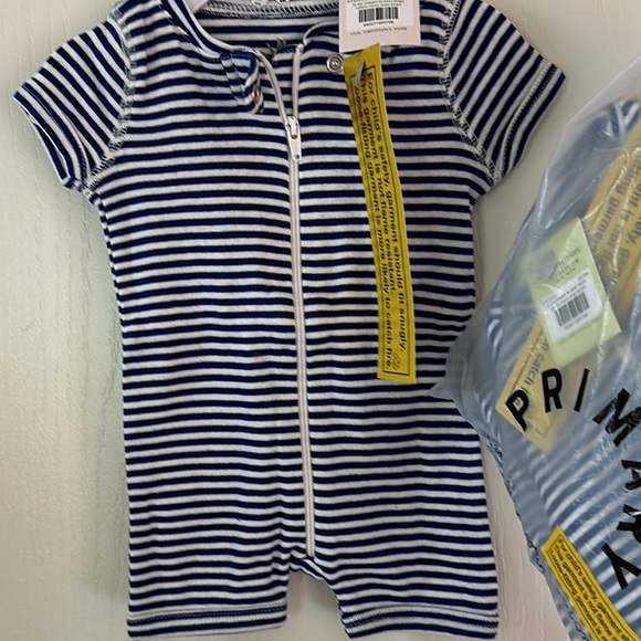 Two Infant 100 % organic cotton zip romper onesies mini stripe in blue NWT - Picture 6 of 7